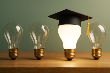 Poster - Illuminated light bulb with graduation cap among unlit bulbs on wooden surface, symbolizing leadership, knowledge, and innovation in education concept.