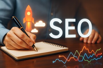 Poster - SEO strategy development with rocket launch concept, businessman writing in notebook, glowing elements and graphs on dark background.