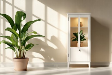 Poster - Bright and Airy Modern Room with Minimalist White Cabinet and Indoor Plants Illuminated by Natural Light
