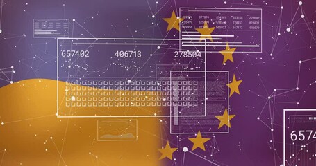 Poster - Flat wireframe data panels showing metrics streaming over purple gold gradient connecting nodes