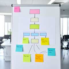 Poster - Brainstorming session captured on a whiteboard. Flowchart with sticky notes visualizes ideas, strategy, or a planning process. Ideal for teamwork  project concepts.