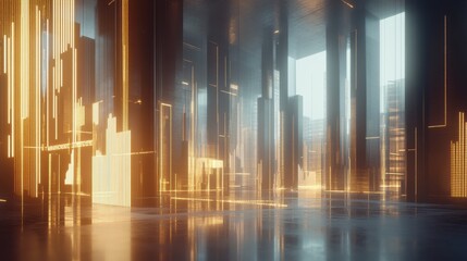 Poster - Futuristic Abstract Interior with Glowing Columns and Reflections