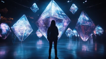 Poster - Ethereal Light Installations in a Dark Space with Silhouetted Viewer