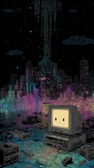 Poster - Vintage computer with a cute face displays a futuristic cityscape at night, with lines of code raining down from the sky above the buildings