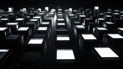 Poster - Futuristic Digital Grid of Illuminated Screens in Dark Environment
