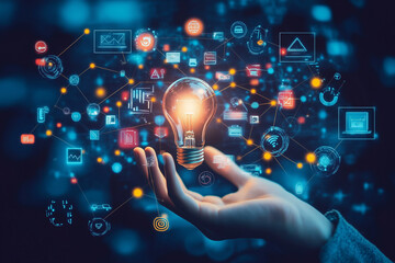 Aufkleber - hand holding a light bulb with a bunch of icons surrounding it. Concept of innovation and creativity, as the light bulb represents a new idea or invention