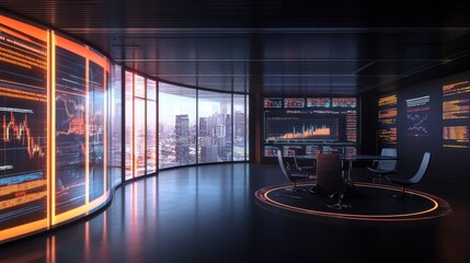 Poster - Modern Business Conference Room with City View and Data Displays