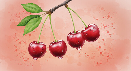 Aufkleber - Ripe red cherries hanging on a branch with water droplets on a watercolor background