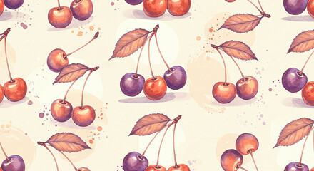 Aufkleber - Watercolor painting seamless pattern featuring ripe cherries and leaves