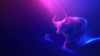 Poster - Neon Bull in Blue and Purple Light Abstract Stock Image
