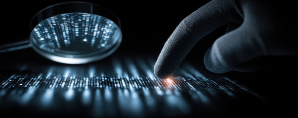 Poster - close up view of finger touching glowing data stream, with magnifying glass enhancing digital details. scene conveys sense of