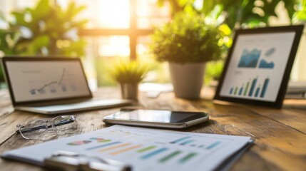 Poster - Workspace with Data Charts, Laptops, and Fresh Green Plants
