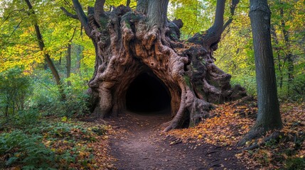 Poster - Majestic ancient tree with a hollow trunk forming a dark cave-like opening in an autumnal forest.