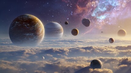 Wall Mural - surreal space landscape with planets asteroids and nebula above clouds dreamy sci-fi scene fantasy a