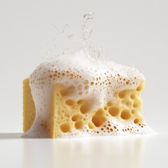Poster - Close-up of a yellow sponge with foamy bubbles, creating a playful and refreshing atmosphere.