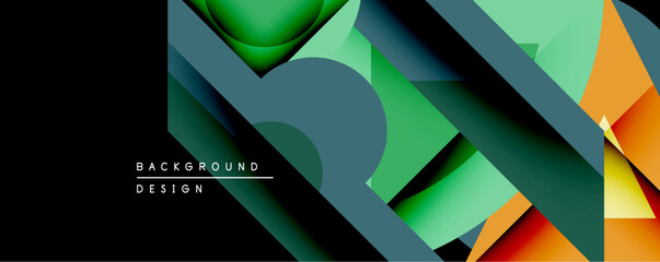 Leinwandbilder - Abstract geometric composition. Overlapping layers create depth, using green, orange, teal hues. Modern design with dynamic shapes, suitable for backgrounds.