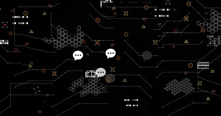 Poster - Digital network showing floating speech bubbles linking via circuit lines, hex nodes in flat design