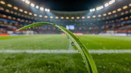 Wall Mural - Green grass macro in a sports field with illumination and a soccer field background 