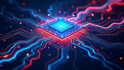 Fototapete - Futuristic High-Tech Circuitry Upscaled Processor and Data Flux