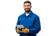 © The Stock Guy - Smiling Industrial worker in blue uniform and yellow gloves holding a tablet, ready for work, isolated on white or transparent background