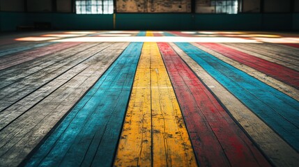 Poster - Colorful wooden gym floor with blue, yellow, and red stripes creating a vibrant geometric pattern.