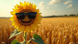 © jack - Smiling sunflower with sunglasses blooms in a field, full of summer fun.