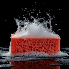 Poster - Vibrant orange sponge generating bubbles, isolated against a black background, creating a lively and dynamic scene.
