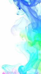 Poster - Ethereal Colorful Smoke Swirls in Blue, Pink, and Green Hues Against a White Background Creating an Abstract Fluid Art Design