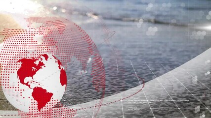 Poster - Data visualization being animated on rippling water backdrop, with dotted globe, red arcs, hex grid