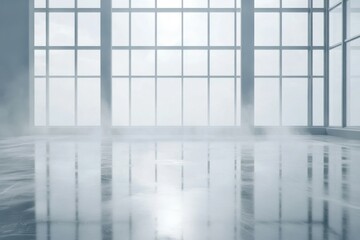 Poster - A serene, misty interior with large windows, enhancing tranquility through soft light and reflections.