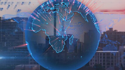 Poster - Animated 3D render showing holographic globe hovering over urban dusk skyline glowing blue and red