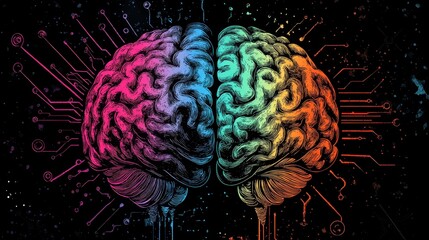 Poster - Colorful illustration of a human brain with circuit board design elements.