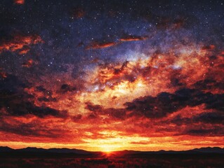 Wall Mural - fiery sunset over dark hills with vibrant clouds and starry sky, dramatic landscape, wide angle, out