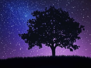 Wall Mural - silhouette of tree under starry night sky with gradient background in landscape orientation