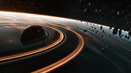 Aufkleber - Glowing orange rings encircle a dark planet in a vast, star-filled space; asteroids drift nearby.