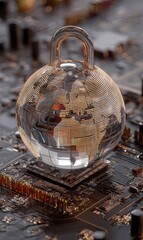 Poster - Globe-shaped lock on circuit board symbolizes data security and technology