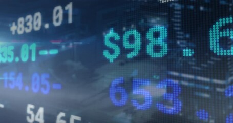 Poster - Pixelated financial data scrolling across dark dotted grid overlay, highlighting cyan green symbols