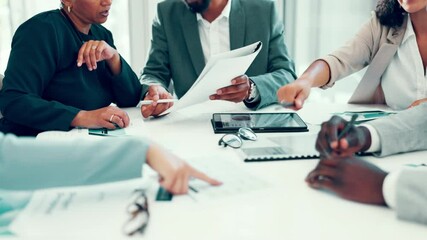 Aufkleber - Paperwork, tablet and hands of business people in office with planning for company budget. Digital technology, documents and team of financial managers with reports for statistics, graphs or data.