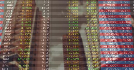 Poster - Stock market ticker overlay being animated over city skyline, showing flat colored data columns