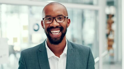 Aufkleber - Business, face and smile of black man in office for corporate career, development or job opportunity. About us, company and welcome with African employee in suit at work for professional pride