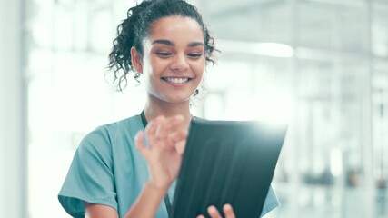 Poster - Happy woman, nurse and research with tablet at hospital for new medicine, discovery or browsing. Female person, medical worker or assistant with smile on technology for online information at clinic