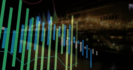 Poster - Financial chart overlay floating over night river scene showing green blue bars and red teal lines