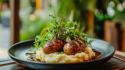 Poster - Grilled sausages served on creamy mashed potatoes with gravy and fresh salad.