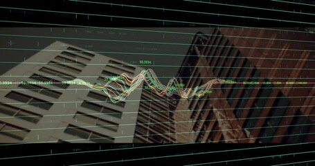 Poster - Flat design showing colorful line graph overlaying tall buildings with teal grid and red line