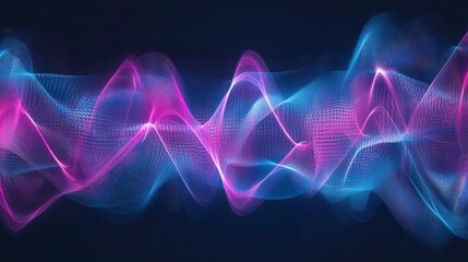Leinwandbilder - Abstract wave pattern with pink and blue glowing light particles on a dark background.