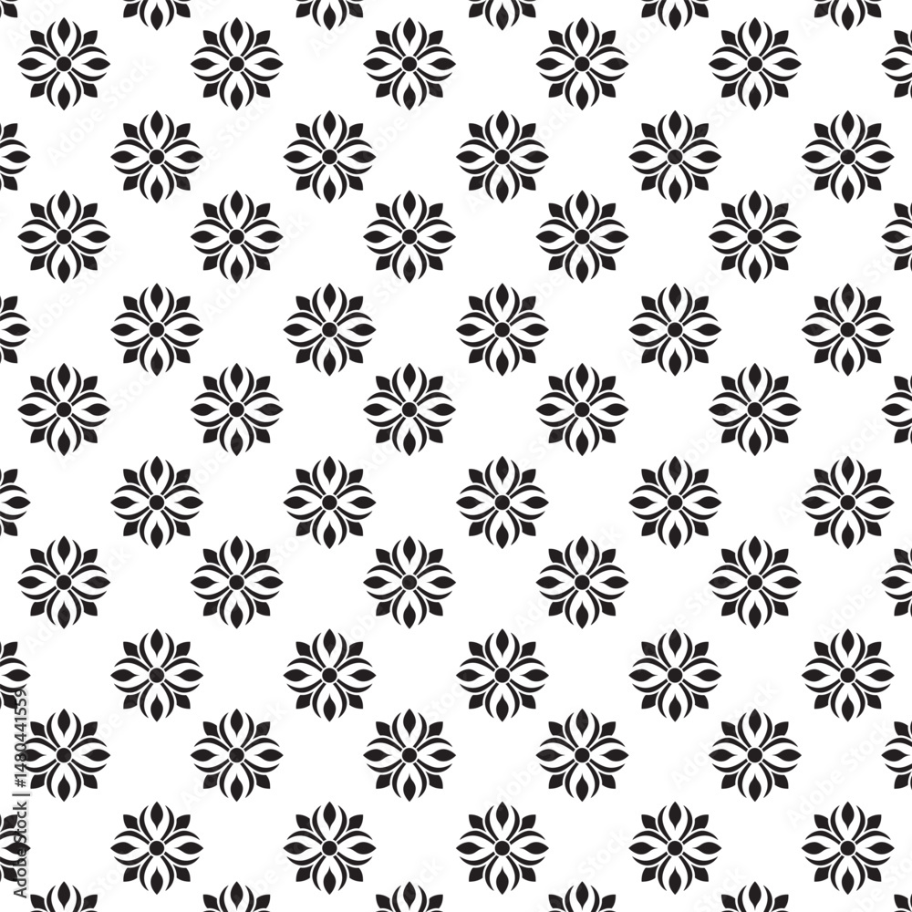 Seamless Black And White Floral Pattern | Geometric Elements | Hand Drawn Doodle Flowers Background | Monochrome abstract floral background | Vector simple flat graphic illustration