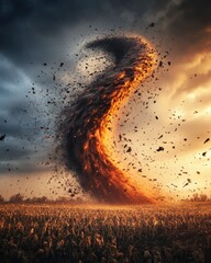 Wall Mural - Dramatic Tornado Ripping Through Cornfield at Sunset; Wide Shot of Destructive Weather Phenomenon in Rural Landscape
