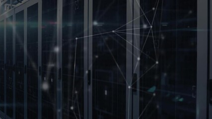 Poster - Server racks glowing with data streaming in dark aisle in 3D render, featuring network overlay