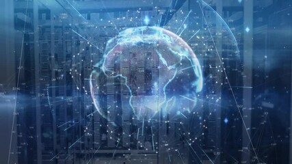 Poster - Data connectivity being visualized in server corridor, holographic globe and network lines weaving