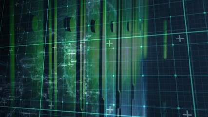 Aufkleber - Complex digital grid visualization unfolding in flat design, displaying green bars with cyan nodes